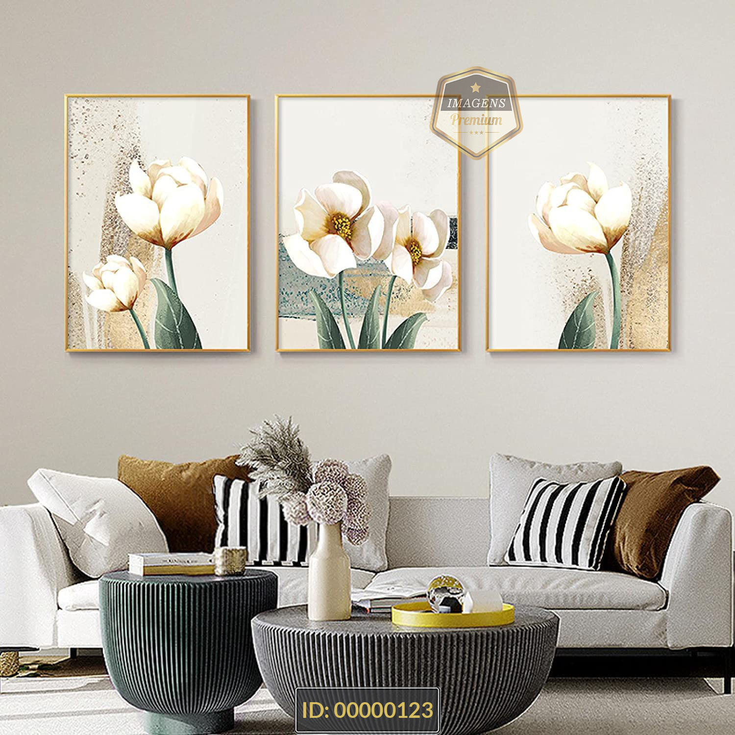 No momento, você está visualizando Arte flores nórdica tulipas brancas com detalhes dourados estilo pintura pintada à mão super luxo