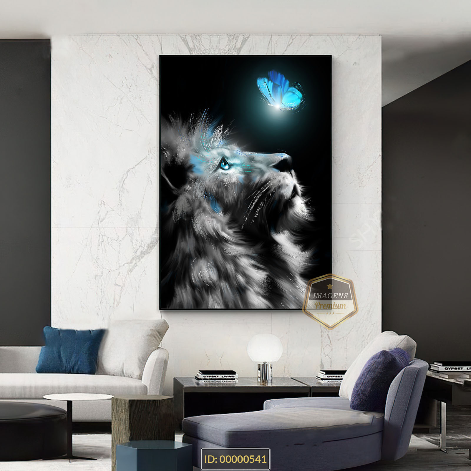 No momento, você está visualizando Arte criativa leão olhando borboleta azul resplandecente minimalista moderna luxuosa