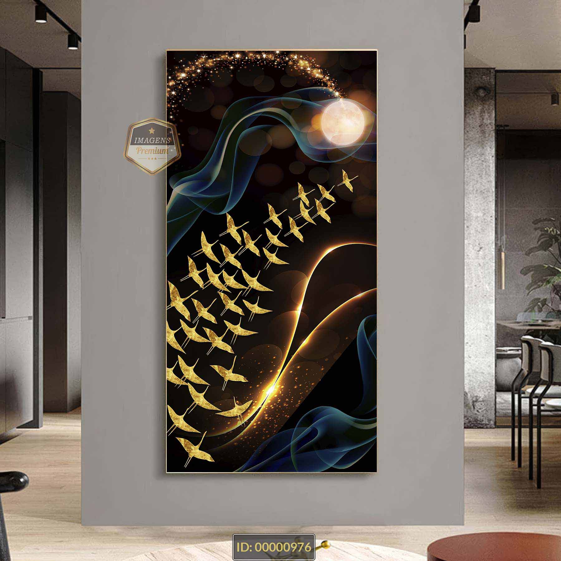 No momento, você está visualizando Arte abstrata lua vermelha estrelas douradas pássaros em ouro fundo preto minimalista moderna luxo