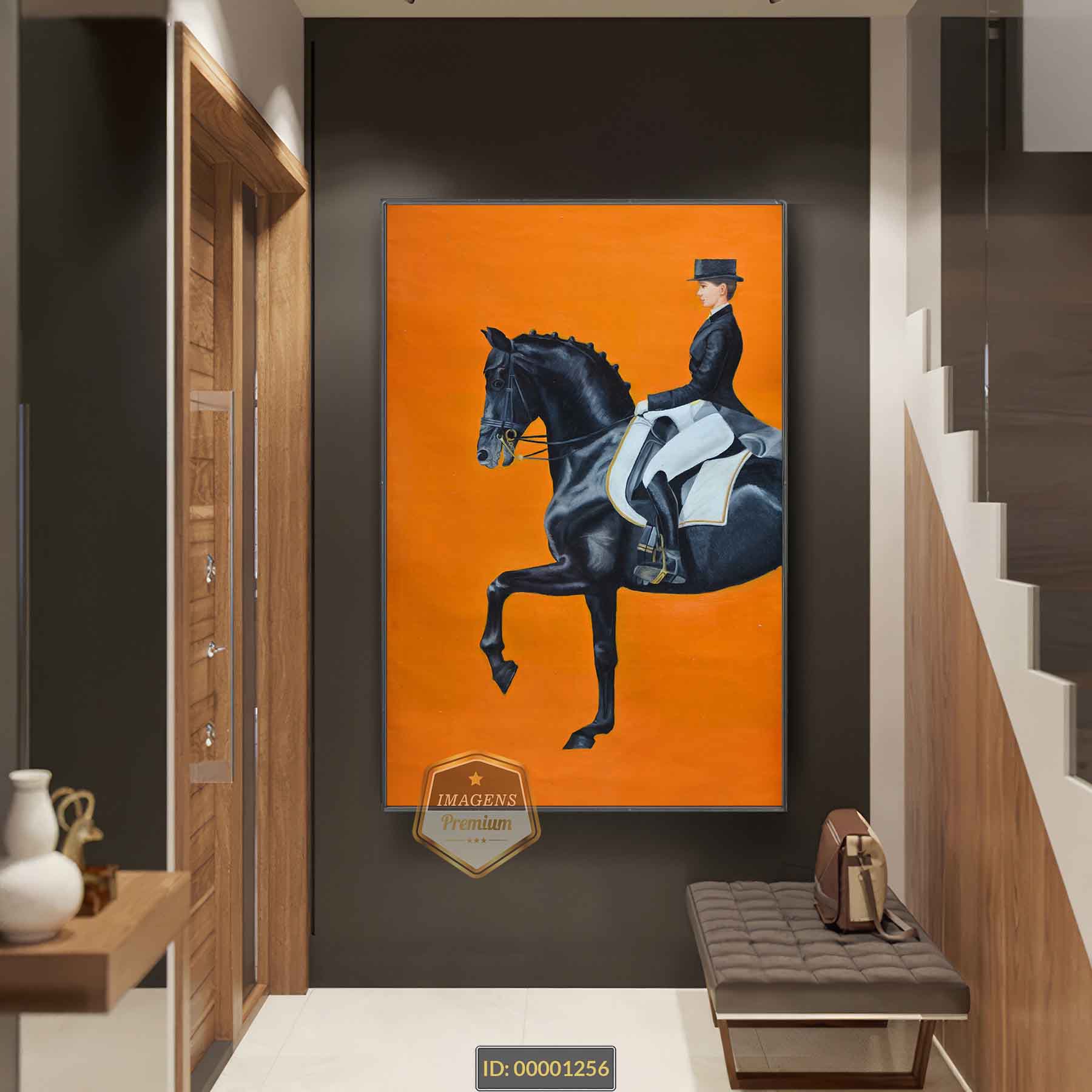 No momento, você está visualizando Arte clássica minimalista amazona cavalo preto fundo laranja estilo pintura a óleo pintado a mão super luxo